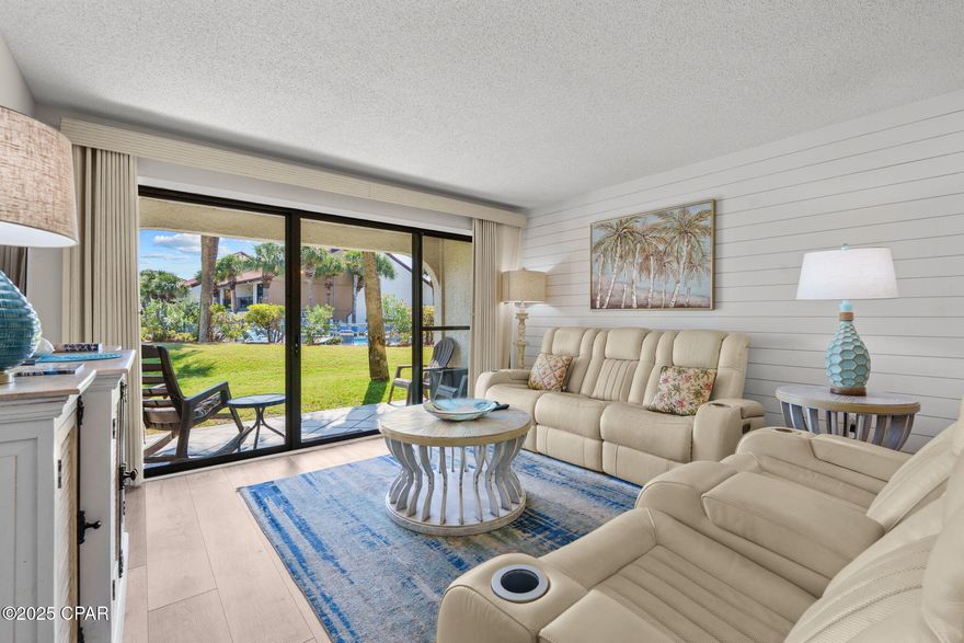 Beautiful 2 bedroom/2 bathroom villa at Edgewater with pond and pool views!! This fully furnished unit showcases luxury vinyl plank flooring throughout, a spacious kitchen featuring a breakfast bar, full sized stainless steel appliances, washer/dryer, and pantry. The kitchen overlooks the living room and eat-in dining area. Living room features sliding glass doors to the back patio. Secondary bedroom features 2 full sized beds with a Jack-n-Jill style bathroom; tiled tub/shower combo and hallway access. Master bedroom and en-suite feature a large bedroom with floor length windows for great natural lighting; tiled shower and walk-in closet. Edgewater resort amenities include multiple pools, beach front pools, hot tubs, fitness center, golf, pickle ball, tennis, walkover bridge, 24hr security gate, beach access and more! 
Call to schedule your private showing today! All Measurements approx. buyer to verify if important.