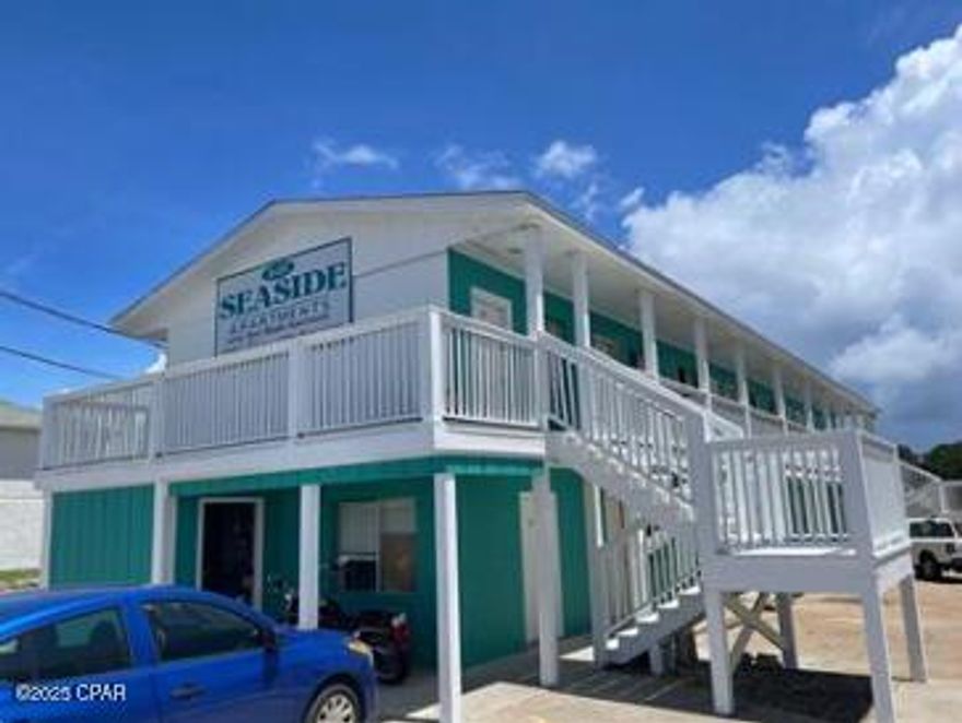 Located a block from Pier Park and directly across street from the Gulf of America and beautiful white beaches! 2nd floor efficiency/studio apartment is available for lease. There is a kitchenette with Refrigerator & Stove, A full bath, and combined bedroom and living room. The rent includes utilities (water, sewer, garbage, cable tv, electric, pest control and yard maintenance). Rent is based on single occupancy.   Washer and dryer facility on site.