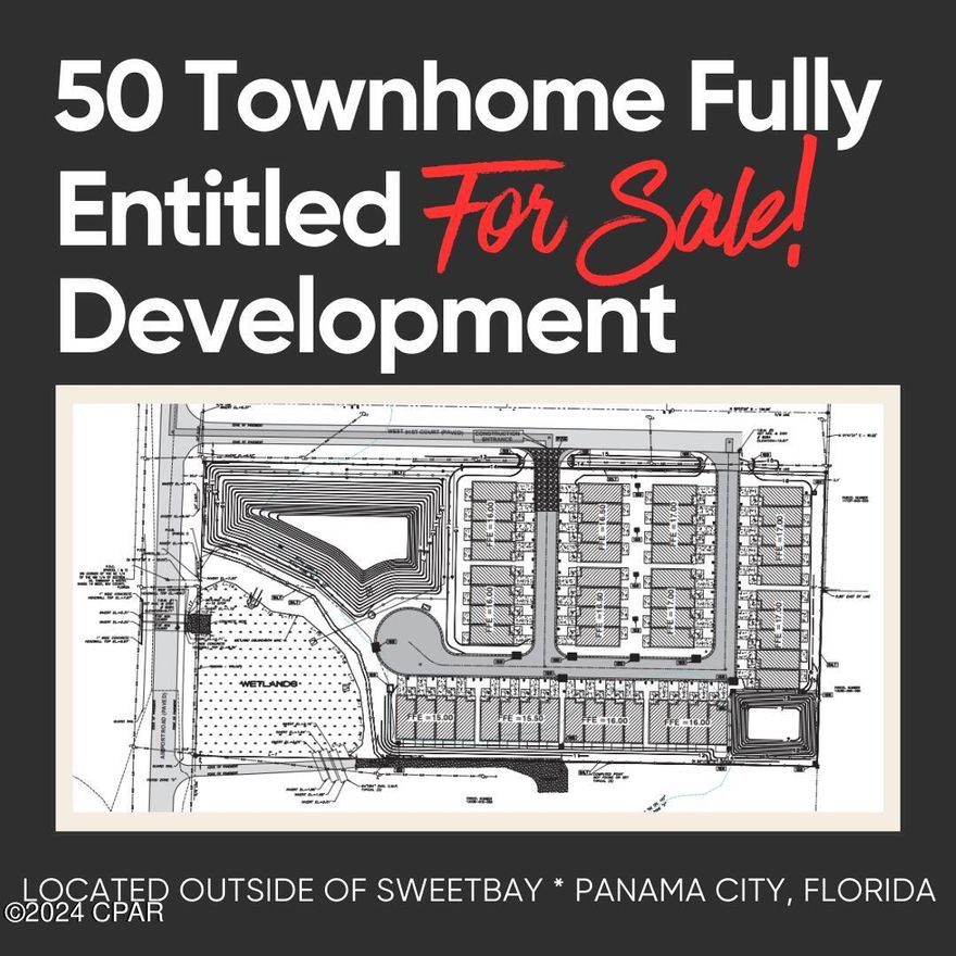 APPROVED 50 UNIT TOWNHOME DEVELOPMENT ORDER AND ENGINEERING IN PLACE!!! Discover Embrie Townhomes, an exciting future townhome development in Panama City, Florida right outside of Sweetbay. This development will have 50 three-bedroom, two-and-a-half-bathroom townhomes with garages and will be nestled on 4.369 acres of prime real estate. 
With an exceptional price point of $1.1 million, this development presents a compelling investment opportunity.

Unit comparables are currently at $379K per unit.

Embrie Townhomes will boast a prime location with multiple entrances, ensuring easy access and eliminating the need for road maintenance from FDOT. Additionally, a lift station conveniently located across the street from the proposed development provides enhanced convenience and infrastructure. The property already includes a home that can be utilized as a sales office, streamlining the sales process.

Each townhome within Embrie Townhomes will offer approximately 1,300 square feet of living space, perfectly designed to strike a balance between comfort and luxury for residents.
SweetBay's marina will allow you to take full advantage of the Bay and Intercostal waterway to the Gulf. Phase 1 of the 40-acre marina district will feature a 2-acre wet basin and 56,000 square foot dry storage boat barn and will serve as the only marina on North Bay. 
Civils for Embie Townhomes were skillfully planned and executed by McNeil Carroll, guaranteeing top-notch construction and development. The property is currently zoned as MU3 (mixed use 3) with county approval for 50 townhomes, providing a solid foundation for the project's success.

Embrie Townhomes benefit from their proximity to the future marketplace of Sweet Bay, offering a vibrant retail, dining, and entertainment scene within walking distance. Enjoy convenient access to the pristine bay, perfect for water sports and scenic walks along the shore. Embrie also provides easy access to the thriving city of Panama City, renowned for its amazing bays leading to the Gulf, exceptional dining options, convenient shopping, and a newly revitalized downtown area.

Don't miss out on this exceptional future townhome development. Embrace the anticipation of the coastal lifestyle offered by Embrie Townhomes, where luxury and convenience merge in Panama City, Florida. With its attractive pricing, significant valuation potential, prime location near Panama City, Panama City Beach and 30A, as well as reputable engineers overseeing the project, this development promises substantial returns. Secure this prestigious community and seize the potential for a prosperous future.