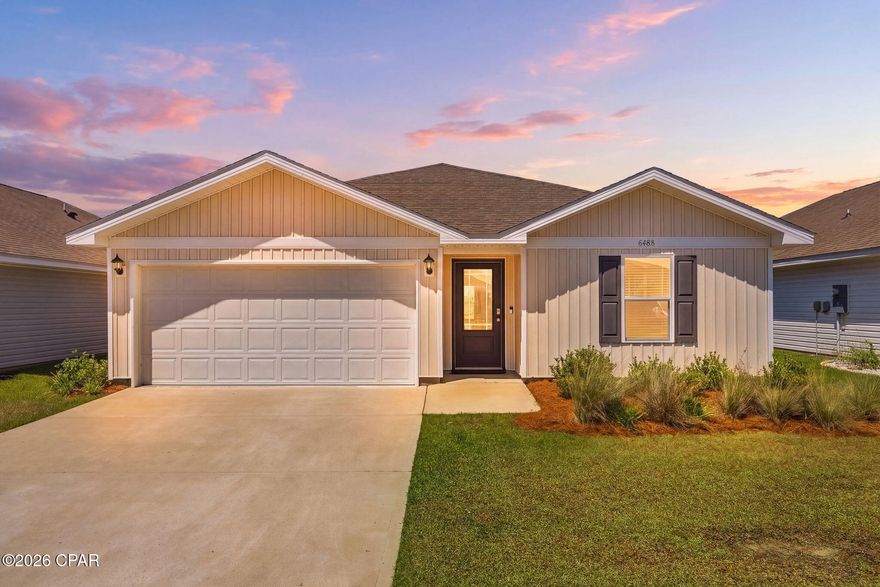 Experience peaceful pondfront living in this well-designed 1,400 square foot 4-bedroom, 2-bath home that offers both comfort and functionality. The open-concept layout creates an easy flow between the living, dining, and kitchen areas--perfect for everyday living and casual entertaining. Situated on a generously sized lot in a sidewalk-lined community, this home is just steps from the community pool, making it easy to enjoy the Florida lifestyle. Residents also have access to a variety of amenities including pickleball courts, playgrounds, a clubhouse with card room, grilling areas, basketball courts, and a fitness center--ideal for staying active or simply enjoying the outdoors. Conveniently located approximately 25 minutes from the beach and 15 minutes from town, the home also offers quick access to Tyndall Air Force Base, along with nearby shopping and dining options, including a new Publix and Starbucks just minutes away. The kitchen serves as the heart of the home, featuring a large island and plenty of workspace, all opening to the main living area for easy interaction and entertaining. The primary suite provides a comfortable retreat with thoughtful finishes and ample space, while three additional bedrooms offer flexibility for family, guests, or a home office. Step outside to enjoy a private backyard overlooking the pond--perfect for relaxing, entertaining, or taking in peaceful water views and beautiful morning sunrises. Tucked away on a quiet dead-end street with minimal traffic, this home offers a balance of privacy and convenience that's hard to find.  Don't miss your opportunity to see it in person!
Measurements are approximate and should be verified if important.