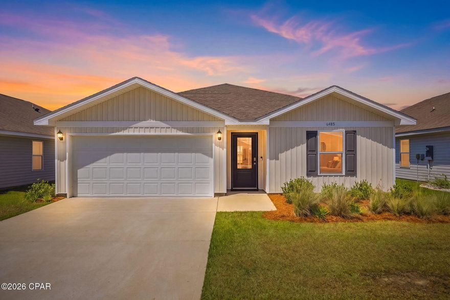 SELLER OFFERING $7,500 CLOSING COST COVERAGE TO BUYER!!  Experience peaceful pondfront living in this well-designed 1,400 square foot 4-bedroom, 2-bath home that offers both comfort and functionality. The open-concept layout creates an easy flow between the living, dining, and kitchen areas--perfect for everyday living and casual entertaining. Situated on a generously sized lot in a sidewalk-lined community, this home is just steps from the community pool, making it easy to enjoy the Florida lifestyle. Residents also have access to a variety of amenities including pickleball courts, playgrounds, a clubhouse with card room, grilling areas, basketball courts, and a fitness center--ideal for staying active or simply enjoying the outdoors. Conveniently located approximately 25 minutes from the beach and 15 minutes from town, the home also offers quick access to Tyndall Air Force Base, along with nearby shopping and dining options, including a new Publix and Starbucks just minutes away. The kitchen serves as the heart of the home, featuring a large island and plenty of workspace, all opening to the main living area for easy interaction and entertaining. The primary suite provides a comfortable retreat with thoughtful finishes and ample space, while three additional bedrooms offer flexibility for family, guests, or a home office. Step outside to enjoy a private backyard overlooking the pond--perfect for relaxing, entertaining, or taking in peaceful water views and beautiful morning sunrises. Tucked away on a quiet dead-end street with minimal traffic, this home offers a balance of privacy and convenience that's hard to find.  Don't miss your opportunity to see it in person!
Measurements are approximate and should be verified if important.