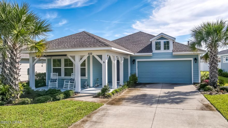 The Parkcrest is one of the largest of the David Weekley floor plans built in Breakfast Point. Just under 2,400 sqft. With 4-bedrooms and 3-bathrooms, featuring 2-guest bedrooms in the front, a formal dining room or office with French doors in the middle, a guest suite and laundry room on the right side of the house and master suite facing the backyard. The open concept floor plan features a large kitchen island with granite counter tops, stainless steel appliances, gas stove and mahogany cabinetry. Tile floors in living areas and carpet in all the bedrooms. The huge master bedroom has windows looking out to the backyard. Master bath with double vanity, large rain forest walk-in shower, private water closet and spacious walk in closet. Backyard landscaped with Orange & Key Lime citrus trees, mature blueberry bushes and decorative flowers. Oversized covered back porch and wrap around covered front porch with pull down shade. All measurements are deemed correct, buyers should verify if they are important.