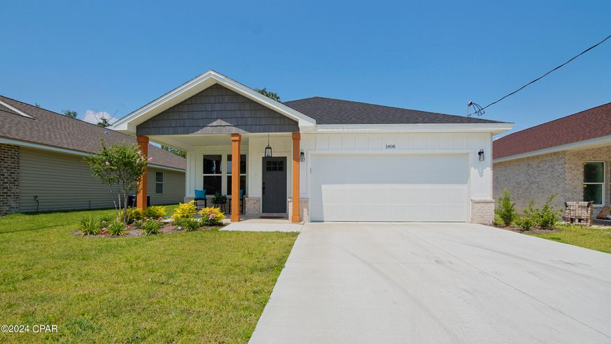 'CURRENTLY UNDER CONTRACT, SELLER WILL CONSIDER BACKUP OFFERS
Welcome to this exquisite new construction nestled in the heart of Lynn Haven, offering convenience to shopping, dining, recreational havens, and parks. This thoughtfully designed home boasts an open floorplan with luxury vinyl plank flooring, throughout. The kitchen is a chef's dream, featuring hardwood cabinets, a spacious center island, quartz countertops, stunning backsplash, a faucet with a convenient pot filler, and an upgraded appliance package. The culinary experience is elevated in this space, making it perfect for entertaining or crafting gourmet meals. Trey ceilings grace both the living room and the primary suite, adding a touch of elegance to these spaces. The well-appointed living room is complemented by a conveniently located half bath for guests. The primary suite is a true retreat, offering a spacious walk-in closet and a luxurious ensuite bathroom. The primary bathroom features a large tiled shower with glass doors, double vanities, and a separate toilet room. Additional bedrooms are connected by a Jack and Jill bathroom, complete with a double vanity and a separate toilet and tub/shower room. The exterior is just as impressive with a fully sodded yard,  landscaping, an irrigation system to keep the greenery vibrant, and privacy fencing with gates providing convenient access to both sides of the backyard. The attention to detail extends to the epoxied garage floor, showcasing the commitment to quality craftsmanship.. Exterior is 90% brick with decorative board and batten hardy board siding on front of home.
Cain Griffin Park, with it's splash pad, play ground, batting cages, baseball fields, and basketball courts is located at the end of the street, a little over one block from the home.