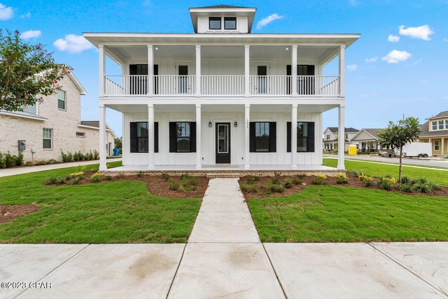 PRESOLD NEW CONSTRUCTION in the brand new TAPESTRY PARK PHASE III in Panama City Beach built by Southern Coastal Homes.  2 blocks to the beaches of the Gulf of Mexico and beach access #43, close to shopping and dining, and the famous Pier Park. Homeowners will have access to Phase III pool, lighted sidewalks and green spaces as well as access to tennis courts. basketball courts, club house and community pool of subsequent phases. This grand 4/3.5 PALMETTO floorplan is a brand new Southern Contemporary design with old Florida charm and coveted upgrades. INTERIOR features include 10 ft ceilings with 8 foot interior doors, large volume Great Room with an open floor plan, dedicated study/flex room, kitchen with center island, custom cabinetry, walk-in pantry and stainless-steel appliances.

The FIRST FLOOR Master Suite has an expansive tiled shower, pedestal tub, double vanity large walk-in closet with direct access to laundry room. The second floor holds 3 well-appointed bedrooms; one with ensuite bathroom and jack-and-Jill layout.
EXTERIOR features of this home includes Hardie board siding with beautiful brick rocking porch, double front porches, 8 ft. exterior doors, rear detached garage with alley access and optional outdoor kitchen.
Home includes smart lock, tankless gas water heater, energy efficient appliances, dual A/C units and has been expertly designed by our design team.
*Design board elements subject to change based on availability and without notice.*