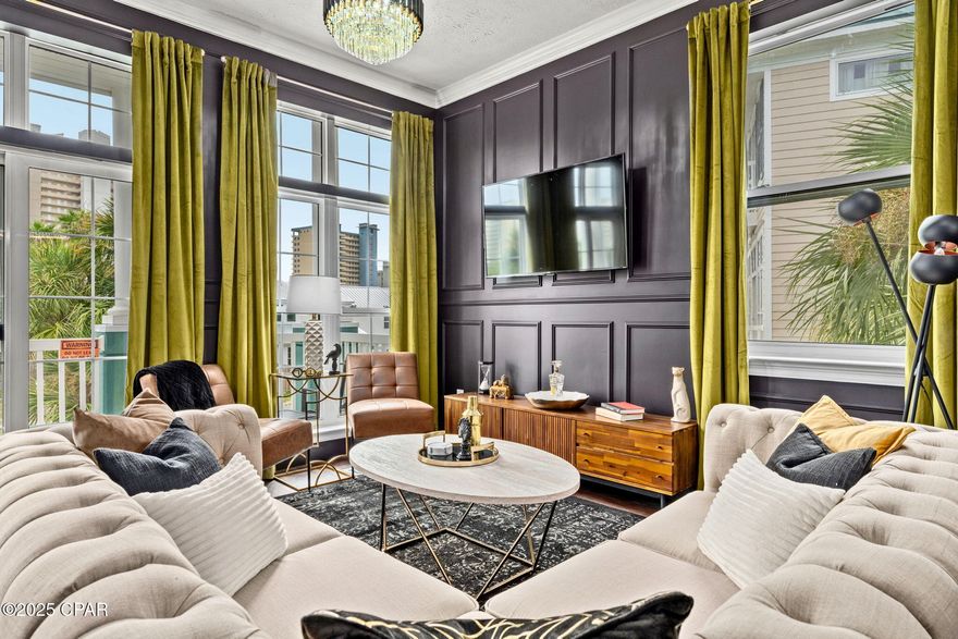 A stylish, Gatsby-themed getaway

Community pool, elevator, great location

Spacious 5BR/4.5BA townhome just a short walk to the beach, offering excellent potential as a primary residence, vacation home, or short-term rental.  The main level features a master bedroom with Ensuite bathroom. A private elevator leads to the second floor's open living, dining, and kitchen area, plus a guest suite and half bath. The third floor features the primary suite along with two additional bedrooms for privacy. Multiple balconies, community pool access, and a great central PCB location near dining, shopping, and entertainment.