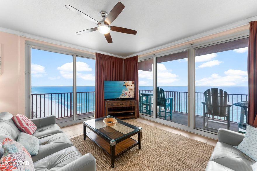 Spacious 3BR/3BA gulf front wrap around condo at Shores of Panama, one of Panama City Beach's most popular Gulf-front resorts. Unit 2231 features an open-concept living and dining area, a functional kitchen with ample cabinetry, and generously sized bedrooms with three full bathrooms—ideal for full-time living, a second home, or investment use. Enjoy resort-style amenities including a lagoon-style pool, indoor heated pool, hot tub, fitness center, on-site bar & grill, and covered parking. Centrally located in the heart of PCB, just minutes from dining, shopping, and entertainment.  This condo comes with its own deeded storage unit (very large) outside the condo with electricity and refrigerator. Also comes with it's own very valuable parking spot on floor 2.