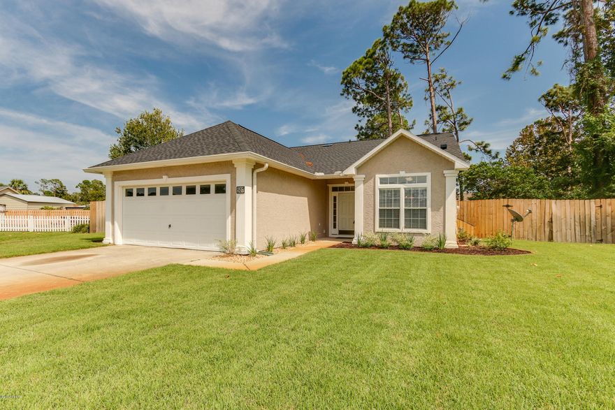 TREASURE IN TREASURE PALMS NEIGHBORHOOD --  CLOSE ENOUGH  TO BIKE TO NAVY BASE -- NEAR BEACHES AND SHOPPING -- PRICED TO MOVE FAST!  HOME HAS BEEN FULLY UPDATED -- NEW ROOF, NEW KITCHEN CABINETS WITH  GRANITE, STAINLESS APPLIANCE PACKAGE, WHOLE HOUSE HAS NEW FLOORING - VINYL PLANK AND CARPET.  BATHS HAVE NEW CABINETRY AND GRANITE, PLUS SKYLIGHTS, Home has split bedrooms, Ceilings are 9' and 11'. There is a Gas Log Fireplace. French doors in Living Room open to covered patio. Walk in closet in MBR. Located in a Cul-De-Sac in Treasure Palms for privacy and security. Privacy fence in back yard. Freshly sodded front yard, has well and automatic irrigation system. This home sparkles like brand new and is sure to please. New ceiling fans. Great schools, Termite Bond renewed for next year and is transferable to new owners. DON'T HESITATE AND MISS THIS ONE! HOMES LIKE THIS IN BAY COUNTY ARE FLYING OFF THE MARKET DAILY.