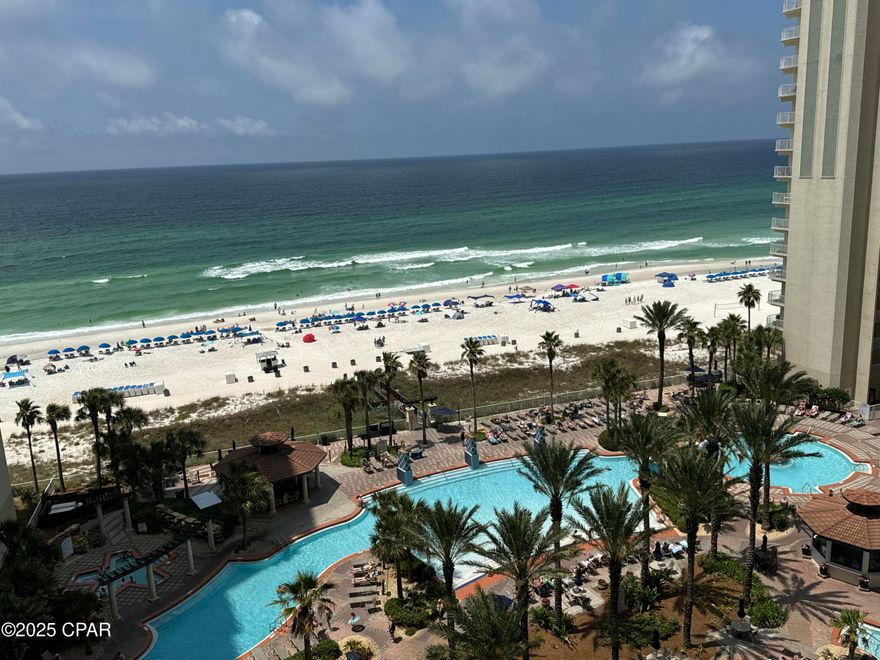 This is the popular ''C'' plan in Shores of Panama.   GULF-FRONT MASTER BEDROOM and Gulf-front living room.   The balcony on this style is huge.    When you walk into this condo, you don't see only the Gulf of Mexico out the sliding glass doors.  BEAUTIFUL VIEWS AND NO CARPET.   Completely rental ready and fully furnished.   Balcony repairs have already been completed.  Dedicated parking space on the 5th floor (parking space #521) can be purchased separately for $18k.