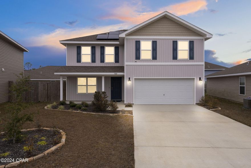 'CURRENTLY UNDER CONTRACT, SELLER WILL CONSIDER BACKUP OFFERS'. Welcome home!! 2.75% VA assumable loan and solar powered!  This large 4 bed/3 bath home is located in the quiet subdivision of Barrett's Park.  Only 25 minutes to the beach, 15 minutes from town and a short drive to Tyndall.  It features a very spacious split floor plan with all 4 large bedrooms located upstairs. The master bedroom is massive and includes a gigantic walk-in closet, private bath with his and her sinks as well as a separate garden tub.  The chef in the family will enjoy a large kitchen pantry with island and oversized living room that flow together as one.  Great for entertaining!  In addition, the home includes a flex space that could be used as an office, dining area or even additional bedroom if needed. The backyard is completely fenced in and features double access gates for convenience.  Penn Way is an offshoot road with no thru traffic making it a good choice for families with small children wanting to play outside.  To top it off, the extra long driveway can fit 4+ cars.  Come find out what it's like to be part of this great community. All measurements should be verified if important.