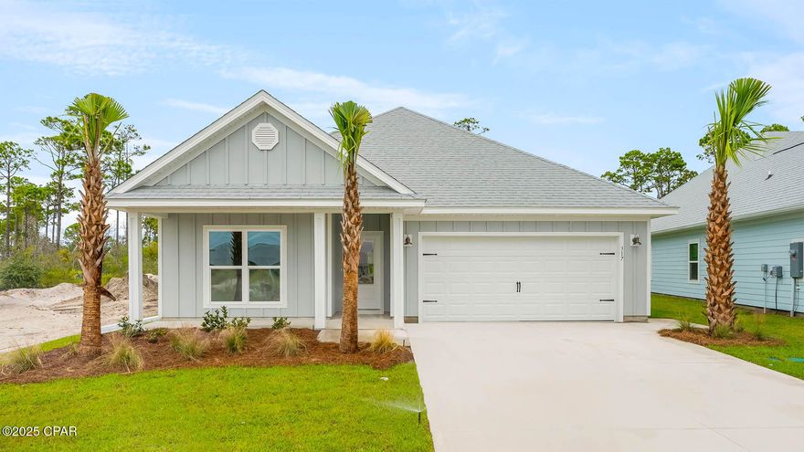 The Rhett is a single-story floor plan at Windmark Beach. On the exterior of the home, you will see beautiful Hardie Board on all sides as well as a sodded yard with landscaped front flowerbed. As you enter this 4 bedroom, 2 bath home, you will see a spacious living concept. The interior features 9' ceilings throughout and engineered vinyl plank flooring throughout the home. This home has tray ceilings in the living room and master bedroom per plan as an added feature, granite countertops, and elegant doors. The kitchen has a center island with granite countertops, a nice size walk-in pantry and the stainless-steel appliances include smooth top range, microwave, and dishwasher. The kitchen opens to the living room, making your home more comfortable and open. The primary bedroom has its own bathroom featuring a spacious walk-in closet, a double vanity with granite countertops, and a separate shower and tub. Whatever room in this house you're in, you will feel right at home. This community features a town center complete with food, shopping, a gym, and more. There are boardwalks, bike paths, golf cart paths, and beach accesses along with a large two community pools and breathtaking views of the Gulf of Mexico. Homes are subject to prior sale or rent. Home and community information, association fees (if any), included features, terms, availability and amenities, are subject to change at any time without notice or obligation. Drawings, pictures, photographs, videos, square footages, floor plans, elevations, features, colors and sizes are for illustration purposes only and will vary from the homes as built. Landscaping and furnishings may be decorator items not included in the purchase price and may not be available.