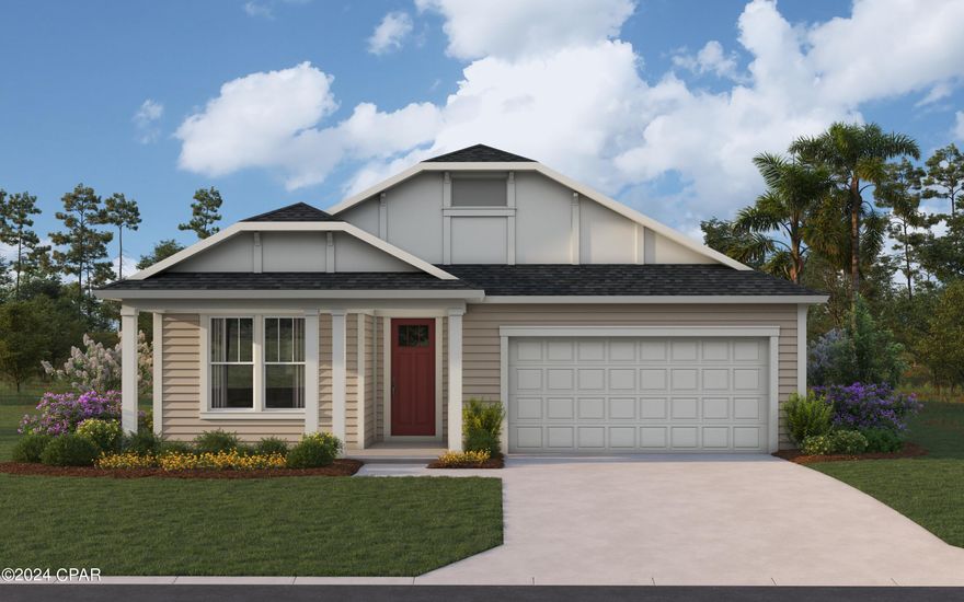 Under construction now in the Breakfast Point East community, the Crevalle plan is a spacious, open-concept design with 2,255 square feet of conditioned living space and a Carolina style exterior elevation. This home offers 4 bedrooms, 3 full size bathrooms, a 2-car garage, and a 10'x20'8'' covered back porch. The wide open living room, dining room, and kitchen area is filled with natural light and provides plenty of space to entertain. Luxury kitchen finishes include a large island, granite countertops, shaker style cabinetry, and Frigidaire® Gallery stainless steel appliances. Additional features of this home include luxury vinyl plank flooring in main living areas, high grade carpet in bedrooms, tile flooring in bathrooms, low profile LED lighting, 8' 2-panel craftsman interior doors, architectural shingle roof with 30-year warranty, and a gas stub for a grill. All new Breakfast Point East homes are designed to withstand up to 160MPH winds with structural steel framing. This home is currently priced with the standard included features and no upgrades. The addition of upgraded features will affect the final price. Estimated completion date for this home is Feb. 2024. Visit our model home open daily at 806 Breakfast Point Blvd.