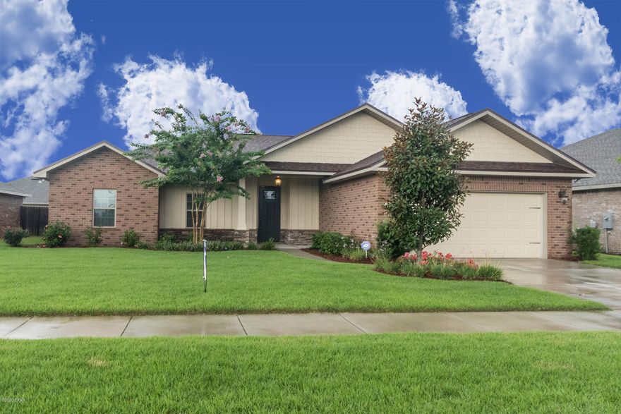 Beautiful Home in Cedar Park offering easy access to greater Panama City, Panama City Beach, and TAFB! All brick home offers open living space featuring the living room with 10Ft ceilings, dining room, kitchen with island, stainless appliances, master suite with tray ceiling, double vanity, separate shower and tub and walk-in closet. Other interior features include tile flooring, recessed lighting, custom cabinetry, and ceiling fans, window blinds. Home also features a 2 car garage, covered back porch, and sprinkler system, privacy fence and a fun backyard play set too.! Cedar Park features landscaped entrance, two parks, pavilion, playground, underground utilities, custom street lighting, and sidewalks. Thank you for considering this home. All information should be verified if important.