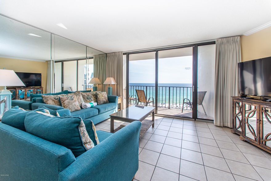 Spacious 2 bedroom / 2 bath condo in the luxurious Edgewater Resort overlooks both the Gulf and grand lagoon resort pool. Large king master bedroom with garden tub in bathroom. Second bedroom has a queen and ensuite shower/tub. Upgrades in the kitchen include granite and subway tile backsplash. Enjoy gulf views from the kitchen, breakfast bar, and den. Edgewater is one of Panama City's best known destinations offering golf, tennis, multiple pools, spa and workout facility.