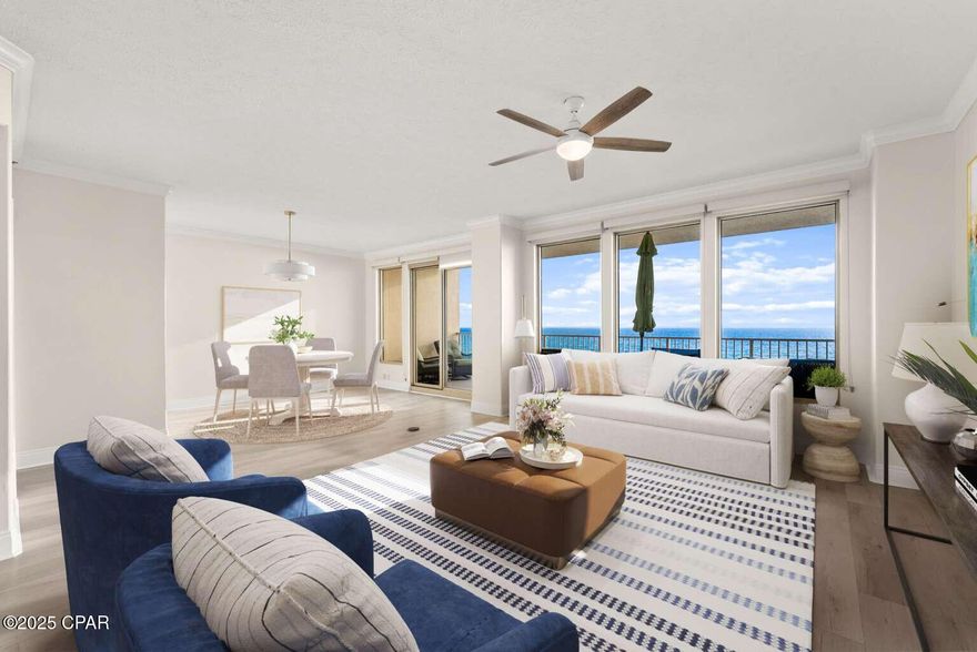PRICED TO SELL! Experience the best of Panama City Beach in this oversized 2-bedroom plus bunk, 2-bath condo offering one of the most desirable and functional split floor plans on the Gulf. Perfectly positioned on the 5th floor, Unit 505 captures sweeping views of the turquoise water, sugar-white sand, and breathtaking sunsets—all visible from the spacious balcony, living room, dining area, kitchen, and master suite. Inside, the open-concept layout is bright and airy, enhanced by 9-foot ceilings, expansive glass sliders, and coastal-inspired finishes that blend the charm of a beach house with the ease of condo living. Every detail has been thoughtfully updated for both beauty and durability. Premium luxury vinyl plank flooring flows throughout, while the huge balcony offers ample space for multiple seating areas—ideal for lounging, dining, or entertaining. The fully renovated kitchen features quartz countertops, stainless-steel appliances, a custom tile backsplash, and an extended breakfast bar perfect for casual meals or gathering with guests. Both bathrooms also showcase new quartz surfaces and updated fixtures for a crisp, modern feel. The primary suite is a private retreat, complete with balcony access, a double vanity, walk-in shower with frameless glass doors, and a large walk-in closet with custom built-ins. Additional highlights include a full-sized washer and dryer, generous storage, fresh paint, new finishes and fixtures throughout, and a new HVAC system installed in 2022. 2 parking spots are conveniently included in the covered parking lot. Gulfcrest is one of the premier Gulf-front communities in Panama City Beach, featuring resort-style amenities such as gated access, lush tropical landscaping, assigned and guest garage parking, three high-speed elevators, two beachfront pools (one heated seasonally), two hot tubs, a kiddie pool, Tiki Bar with food and drinks, poolside Wi-Fi, grilling areas, fitness center, and game room—all with direct, private beach access. The on-site rental office, open seven days a week, and 24-hour security ensure peace of mind and convenience. Whether you're looking for a turnkey vacation rental, second home, or full-time beachfront residence, Gulfcrest Unit 505 checks every box—and comfortably sleeps up to eight guests. With its unbeatable location, thoughtful upgrades, and unmatched views, this condo offers the ultimate beachfront lifestyle.