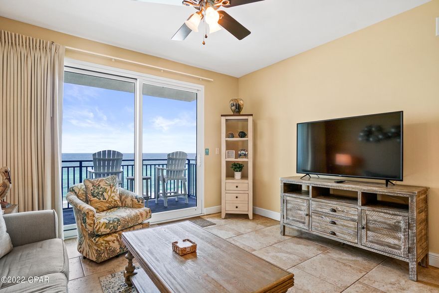 This one-of-a-kind property conjures up images of sun-splashed days of swimming, biking, and relaxing. It lives like a beach house but comes with all the benefits of owning a condo. This ultra clean property has been upgraded with 18' ceramic tile and conveys fully furnished and rental ready! Efficient floor-plan (1358sq.ft.; 2Bed, 2Bath + Bunkroom ) allows for fabulous Gulf and sunset views from balcony, living room, dining room, kitchen, & master suite providing the ultimate alfresco living and entertaining environment! Meticulously maintained with recent updated electronics as well as living area and master bedroom furniture. Sunset views from the private balcony complete with personal electric grill are a perfect end to a sunny day and beginning to an exciting evening. MAIN MASTER SUITE is front and center on the beach with direct access to the main balcony and private bath complete with granite counter tops, walk in shower, and large walk-in closet. The master suite opens from a glass slider door to a covered balcony. LUXURY! COMFORT! CONVENIENCE! Can be configured to sleep up to 8 people! EXCELLENT RENTAL INCOME POTENTIAL! Enjoy the good life at Sterling Breeze one of Panama City Beach's newest and most luxurious beachfront condominium developments. Complex is an upscale boutique facility with an architecturally significant facade; and low density with 145 units, and only seven units per floor. Development amenities include a heated overflow-edge pool and spa, state-of-the-art fitness facility, poolside Internet cafe and wine bar, natural stone gas fire pit, seasonal beach service and covered parking. This condo is located less than 1/2 mile west of Pier Park. FROM THIS CONDO, YOU ARE WITHIN STEPS OF EVERYTHING YOU COULD EVER WANT AT THE BEACH!