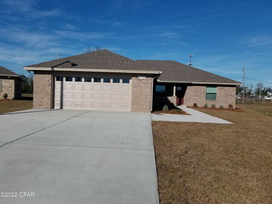 New construction complete! All brick 3 bedroom 2 bath 2 car garage with man or lady cave. Large open floor plan has master bath with his & hers double shower with Rain maker (3 shower heads) and shower seat, double vanity, large master bedroom with built-in rope lighting, separate office and large walk-in closets. The kitchen is a dream with all real hard wood cabinets, granite countertops, stainless steel appliances, cabinets in the laundry room. Living room with high tray ceilings with electric fireplace, crown molding and wired for todays entertainment. Home comes with large Florida room, front porch, and open back patio, security system, thermoseal spry foam system and generator ready electrical outlet with cord. outside shower and sprinkler system just to name a few.  Comes loaded with all the options. We use Simpson Tie down and corner tie down straps and brackets, walls bolted to foundation as well as 2+6 trusts. DP 50 windows, hip roofing just a few we do for a strong hurricane strength house. house comes with pictures without dry wall to show. Located in County not City offers lower taxes. If important all measurements should be verified.