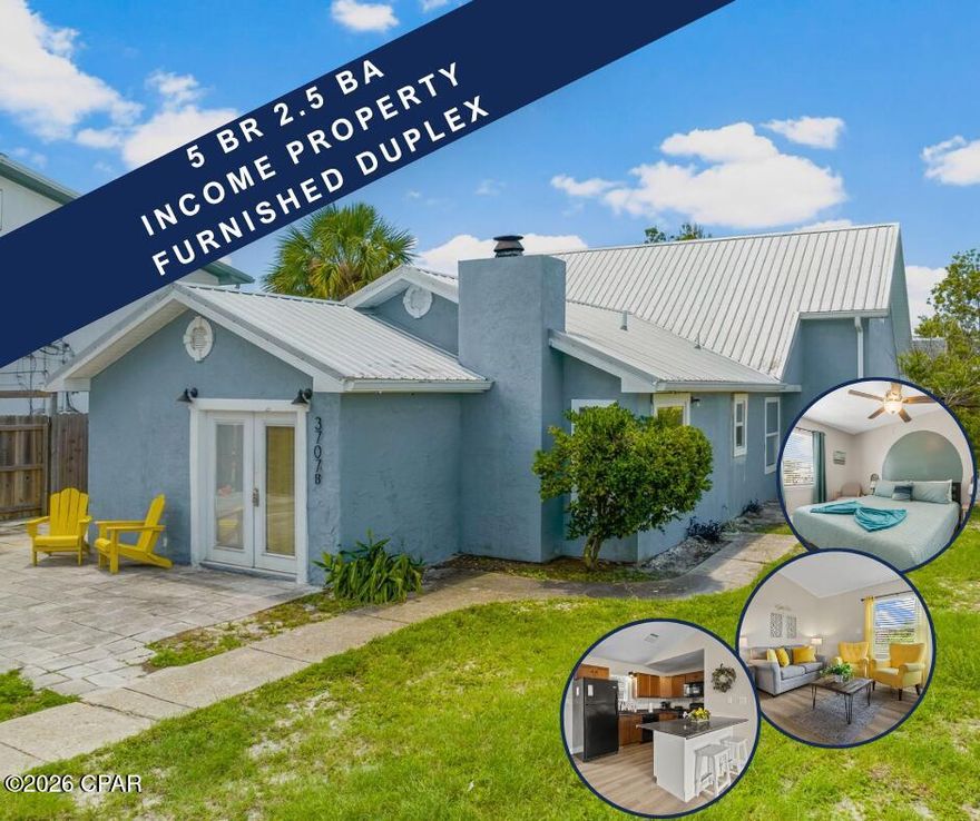 ADORABLE DUPLEX WITH MULTIPLE POSSIBILITIES!

* Live in one side, rent the other out.
* Short term rent both units.
* Short term rent one side, mid or long-term rent the other.

THE CHOICE IS YOURS!  

SIDE A: MYSTIC SURF 
--3 BR, Sleeps 8 - King, King, King + Twin/Twin Trundle 
--1 Full, 1 Half Bath 
--Surf/wave murals in every bedroom 
--Full Kitchen with lots of counter space 
--Private Patio 
--Storage shed 
--Electric fireplace! 

SIDE B: MYSTIC SUN 
--2 BR, Sleeps 4 - King, King rooms 
--1 Full Bath 
--Full Kitchen 
--Private Patio 
--Storage shed 
--Wood-burning fireplace! 

LOCATION:
**Across the street from public lagoon access. 
**One block to public boat ramp. 
**Walk to public beach access #11, just 7 blocks away. 
**Walk to Buster's Beer and Bait. 
**Drive to Schooner's and the St Andrews State Park. 

Don't miss your opportunity for 100% bonus depreciation this year. Ask your CPA how you can SAVE BIG MONEY ON TAXES!

Come see this today! We look forward to receiving your offer!