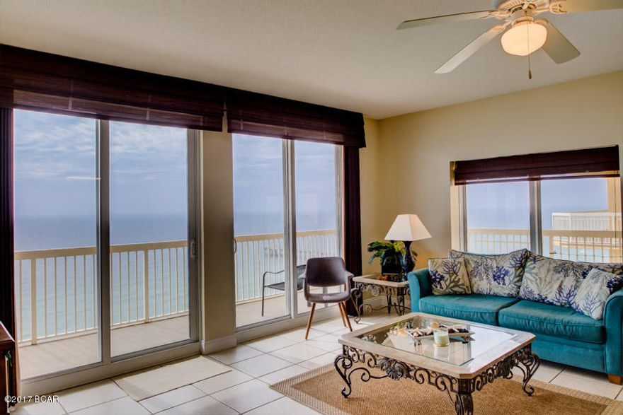 ONLY WEST CORNER UNIT ON THE MARKET!! Highly desired 2-bedroom corner unit with gulf front master suite and wraparound balcony. This rarely available floor plan is bright and spacious, with panoramic west-facing Gulf views from the kitchen, living/dining area, and master bedroom. The wraparound balcony can be accessed from the living area or the master bedroom, and is perfect for enjoying the refreshing coastal breeze. This stunning condo features granite countertops, a large kitchen island, stainless steel appliances, and tile floors in the main areas and baths. The master suite boasts a luxurious private en suite bath with double sink vanity, large tub, and separate shower. This is a fantastic investment property in one of the most popular vacation destination condos on Panama City Beach