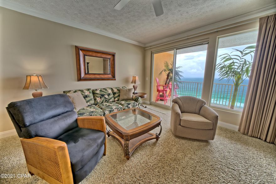 This is a beautiful unit has never been rented and sells completely furnished. This complex is oriented so that it gives perhaps the best view of the beach in Panama City Beach.The master bedroom, living and dinning areas have beautiful Gulf Front views. The complex has a large heated pool and a kiddy pool and two gazebos, covered parking, four high-speed elevators, fitness room. From the large Gulf Front balcony you have a great view of the west beach and the east beach including the pristine St Andrews State Park. All information is believed to be correct but should be verified by the Buyer.