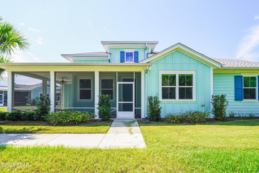 Welcome to Latitude Margaritaville at Watersound just 7 miles from the sugar white sands of Panama City Beach. This charming ''Dreamsicle'' model cottage is located in Phase 5 just a short golf-cart ride from Town Center amenities via a private golf-cart  bridge under West Bay Parkway. This model is the most one of the largest and most popular floorplans. It offers 2 bedrooms and 2 full baths and a den/flex room perfect for an office or creative space with Solid wood doors for privacy.   Inside, enjoy upgraded level 3 tile flooring throughout, an open concept design, 42'' custom cabinets, extended Island with quartz perfect for entertaining. The stone-gray cabinetry offers pull-out drawers for all of your pots/pans and a separate pantry; the laundry room offers top cabinets for additional storage over your washer/dryer. In this open floorplan the family room has a vaulted ceiling with a ceiling fan and open to the dining area and kitchen with lots of natural light and upgraded can lights in all rooms. The upgraded electronic Shades are on all Windows.  The primary suite includes a tile shower, quartz-top vanity, private water closet and a custom-built closet. The guest suite is private and adjacent to a full bath. Looking out to a Premium private preserve lot the screened in lanai is perfect for relaxing and the best feature is all lawn care is covered by the HOA. This cottage is equipped with upgraded Hurricane windows, security ring door-bell, garage and attic antenna that will remain for your security needs. Come take a look and drive to the end unit into your insulated garage that features a 20amp dedicated plug for your golf-cart. This cottage comes with a designated outdoor parking for guest to utilize. The lawn care is maintained by HOA, exterior paint and roof replacement are on a maintenance schedule by HOA as well. Enjoy the community amenities with a state-of-the-art Fitness center, indoor pool, fitness classes, outdoor resort pool , pickleball courts, kayak launch and our 2 story Restaurant for residents only. The Band shell is fun for dancing and listening to live music! The newest amenity is the ''work-play-center that offers a theater, pet grooming, wood-working workshop and a clay studio. The future marina and commercial area are planned with a grocery store, shopping and dining. Come find your Address in Paradise!!
