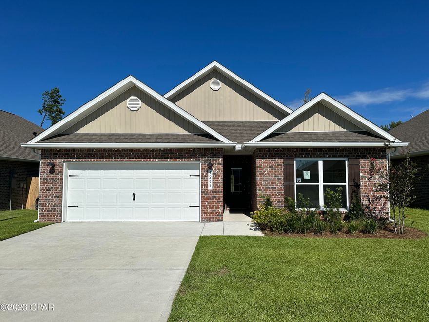 Andrews Park is centrally located off 389 in the very desirable area off Lynn Haven. Our Delay floorplan is all brick, 4-bedroom 2-bath, it is an open concept floor plan, with a boasting 2,047 sq.ft.  The Delray floorplan has upgraded finishes throughout. You will find 9-foot ceilings and beautiful crown molding. The Delray also has LVP flooring, granite countertops, a large kitchen island with cabinetry on both sides underneath and brushed nickel hardware.  This floorplan has energy efficient windows to allow lots of beautiful natural light.  The primary bathroom has a spacious walk in shower with a glass enclosure and two walk-in closets. All of these homes come with Deako lighting and Safe Haven smart home systems. Andrews Park homes feature irrigation systems with reclaimed water to help minimize your water expenses. The Delray also has a large beautiful covered patio to relax and enjoy the serene environment of Andrews Park. All homes come with a landscaping and sod package as well as gutters.