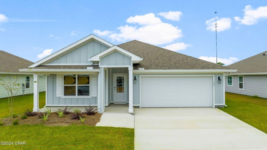 New home construction located at 186 Cades Court in Palmetto Bluff in Port St. Joe, Florida. This home is move in ready and is situated on an interior lot. As you enter this 4 bedroom, 2 bath Cali floor plan, you will see 1,799 square feet of spacious living. Inside you will see 8' ceilings throughout, engineered vinyl plank flooring throughout the home including the bedrooms. Beautiful granite countertops, white cabinetry and a spacious open living room and kitchen make this home perfect for having guests over. The kitchen has a large center island with cabinets underneath, ideal for serving food and extra storage. The kitchen also has a spacious pantry, and the stainless-steel appliances include smooth top range, microwave, and dishwasher.

The primary bedroom has its own bathroom featuring a spacious walk-in closet with ventilated shelving, a double vanity with granite countertops, and a separate shower and tub.

On the outside you will see the soft beach colors on each of the homes with durable Hardi Board around the home. The Cali features a covered rear patio to sit and enjoy the beautiful Florida weather. Each home in Palmetto Bluff has sidewalks that intertwine the community for you to enjoy your walks with the family during the gorgeous sunset views in Port St. Joe.