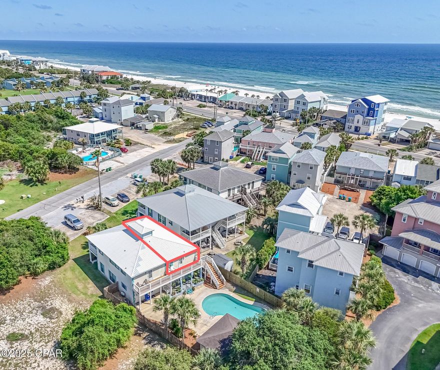 This charming cottage is the ultimate beach retreat—just a block from our beautiful white sands and tucked away to escape the crowds. Whether you're seeking your own personal getaway, an investment opportunity, or a property with short term rental ability, this one has it all. The home comes fully furnished and ready to go, featuring two spacious king bedrooms, each with its own private bathroom. One of the standout features? Your own private pool and cabana—perfect for those days when you want to cool off without getting sandy. Whether it's a quick dip after the beach or a laid-back afternoon by the water, it is an appreciated feature. A personal storage closet and shed offer additional space for beach supplies and more. Whatever tickles your fancy, this location delivers! You're just minutes from the luxury and charm of 30A—without the 30A price tag. Prefer a livelier vibe? Pier Park is only 6 miles, offering shopping, dining, and entertainment in the heart of Panama City Beach. No HOA fees and only three owners in the building. Owners share expenses for common areas, keeping things simple and cost-effective. The building has just been updated to public sewer access (no more septic!) and new electrical boxes. Turnkey ready for living or renting. Just hand over the keys and move right in! Measurements approximate, buyer to verify if important.