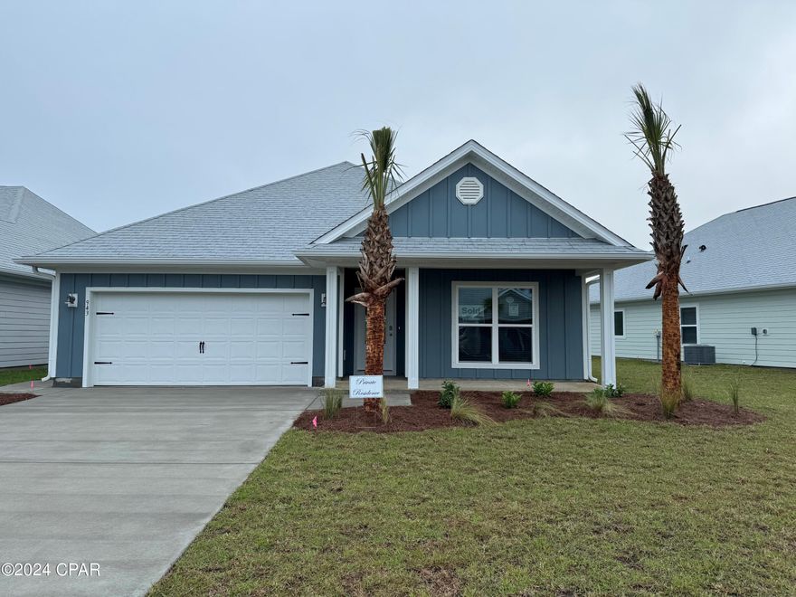 The Rhett is a 4-bedroom, 2-bath home with 1,835 square feet of living space located in WindMark Beach. Standard features of this home include beautiful quartz countertops with undermount sinks in the kitchen and all bathrooms, 5 panel wood doors and engineered vinyl plank flooring throughout the entire home. There are 9-foot ceilings throughout, 11-foot double trayed ceiling in the living room, and 10-foot single trayed ceiling in the owner's suite. Stainless steel appliances included are a free-standing smooth top range, microwave, and dishwasher. This kitchen features a large walk-in pantry, disposal and water filtration system in the Kitchen. WindMark Beach is a tranquil community where one can enjoy the natural settings with boardwalks, walking paths, bike trails, and deeded beach access. WindMark Beach also offers residents numerous luxury amenities and features including a community pool, a gym, restaurants, packaging store/bar, beach equipment rentals, roving security, community fire pit, local shopping, and a versatile community center.