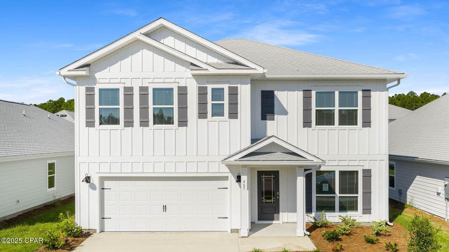 Welcome to 465 Wolcott Way, a new home located at Bayside at Ward Creek in Panama City Beach Florida. Boasting over 2,500 square feet, this move in ready Carol floorplan offers a brightly lit open concept design with modern finishes.  

  

Upon entering this home, you will find a bright study off the foyer that leads to the concept design living space. The open concept design seamlessly connects the living and dining areas to the kitchen making this floor plan ideal for entertaining or family gatherings. Elegant features dress the main level including EVP flooring throughout the main level and carpet in each bedroom, elegant quartz countertops in the kitchen and bathrooms, soft-close cabinetry, and stainless-steel appliances that include a smooth top stove, microwave, and dishwasher. An exceptional feature of this home is a guest bedroom on the main level as well as a full bathroom which allows for guests to have their own private retreat.  

  

The second level has an additional living area that is perfect for a game room or media area. The primary bedroom has a private ensuite bathroom which has a large soak tub, separate shower, double vanity with quartz countertops, and spacious walk-in closet.  Leaving the primary bedroom, you will see the generously sized laundry room and another guest bedroom. Continuing along the hall you will find two additional bedrooms and a shared bathroom with a double vanity and separate water closet.