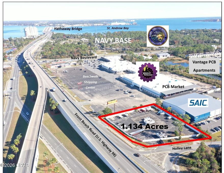 +/-1.134 Acre commercial site near the Hathaway Bridge.  Located at the southeast corner of Front Beach Road (a/k/a U.S. Highway 98) and Holley Lane and west of the Beachwalk Shopping Center.  The property is currently utilized as a Boat and RV storage site. Financials available upon request. We also have a conceptual site plan to build a new 9,500 SF ''Flex'' (office/warehouse) building.  Zoned C-3, General Commercial in unincorporated Bay County, which allows for most commercial uses.  The site plans and surveys are attached.