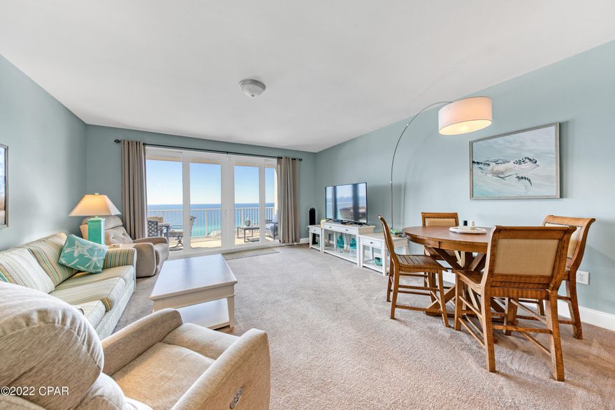 CURRENTLY UNDER CONTRACT, SELLER ACCEPTING BACKUP OFFERSBeautiful remodeled turn key 3 bed, 3 bath PLUS bunk room sleeps 10. Overlooks the beautiful gulf. Updates include kitchen appliances, water heater, Top bunk grab bar, 2 power recliners w/usb ports, Upgraded box spring & mattress in primary bedroom, Additional 3.2 cu ft freezer, and door to bath in 3rd bdrm. These are some of the largest units on PCB. The bedrooms are large with king beds, the bunk room provides more storage. Main bath boasts large garden and walk in shower. Amenities include 5 pools, 2 hot tubs, putting green, large fitness room overlooking the Gulf, light show nightly at 8pm. It's within walking distance to Walmart, shopping, Pineapple Willies, and 3 public beach accesses directly across the street. Measurements to