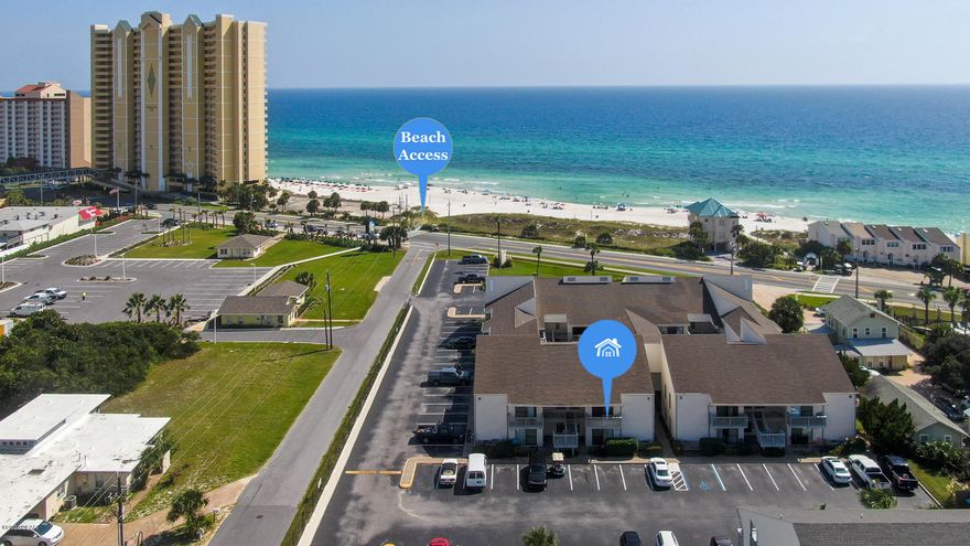 Ever wished to own property just steps aways from the white sugary sands of the 'Worlds Most Beautiful Beaches'? Well now you can! Check out this 2bd/1bth unit located in the Endless Summer Condominiums. This ground-level unit makes for easy access, comes fully furnished and is turn-key ready. Endless Summer ammenities include on-site laundry facility, 2 outdoor pools with hot tub, BBQ grill/shuffle boards, and excercise room. Condo fees include water, cable, ground maitenance, garbage pick-up. Short-term rentals are allowed and owner pets are approved. This unit is located on the quieter west end of Front Beach Rd, near Hwy 79, local favorite eateries, groceries and entertainment/shops of Pier Park. You are just steps away from two public beach access points. Let Endless Summer be your future beach retreat! All sizes, measurements are approximate; please verify if important.