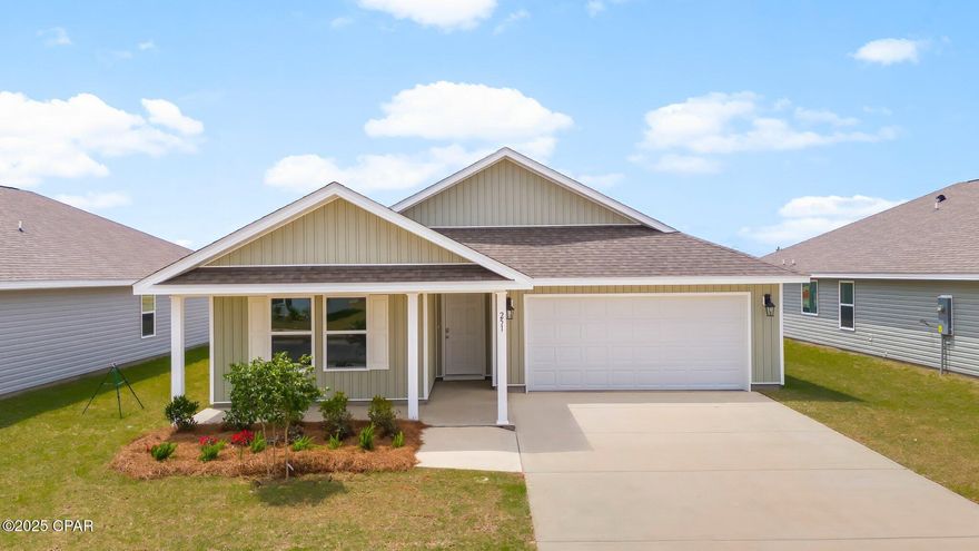 Park Place in Callaway is our closest new construction to Tyndall Air Force Base! This Lakeside floor plan is located on Lot 33 at 251 Lawton Branch Way. As you enter the Lakeside floorplan you will notice immediately the brightness of the entry hallway.  is 5-bedroom 3 bath, 2012 square foot home is an open floorplan with two bedrooms separated by a full bathroom just off the front hallway and two additional bedrooms and a shared bath off the opening living area. The spacious primary bedroom leads to the bathroom featuring a large shower, double vanity, and a large closet. This home is perfect for entertaining or a large family as the living space is open and features a dining area, a kitchen with center island.  Interior features of this home include beautiful Engineered Vinyl Plank flooring, cabinetry that is bright with Ivory tone, and quartz countertops. The bedrooms feature plush carpet. The exterior of these homes includes vinyl siding and fully sodded yards with flower bed at the front entry. Park Place is conveniently located close to shopping, recreational parks, schools, and is only a few minutes to Tyndall Air Force Base.