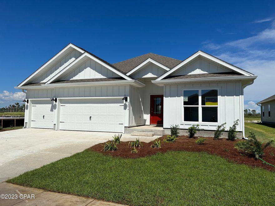 The Destin is a one-story, four-bedroom, three-bathroom, three-car garage floorplan. As you enter this home you are covered by a small front porch and walk into a foyer. The home's first two guest bedrooms and one guest bathroom are off of the foyer. If entering through the garage you will walk directly into the laundry room and then into the home's kitchen and living room area. The kitchen has granite countertops and Whirlpool Stainless steel appliances. Towards the back of the home are the third guest bedroom, guest bathroom, and main first bedroom. Titus Park is in Panama City, Florida and is only minutes away from Tyndall Airforce Base! This large-scale multi-phase community is located off Highway 390 at Highway 231, centrally located for an abundance of shopping, restaurants, and great schools! Beautiful white sands beaches are just a short drive from your doorstep. Access the bay for fun and fishing by use of the public boat ramp only 3 miles away.  There will soon be a Publix shopping center across the street from the community entrance.  Titus Park highlights some of the most beautiful floorplans, which have amazing features.  We are building both our affordably priced Express Homes as well as our Traditional Series with upgraded finishes both inside and out. Contact a D.R. Horton Sales agent for more information on everything that Titus Park has to offer!
