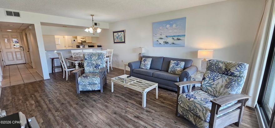 Professional photos coming soon! Centrally located within Edgewater Beach and Golf Resort, Wimbledon Tennis Villa 2503 is a ground level 2 bedroom, 2 bath condo with peaceful pond and pool views, just steps from the pool and tennis courts. The open living and dining room combination features LVP flooring, floor to ceiling glass windows, a sleeper sofa, breakfast bar, ample kitchen cabinets, and a full size washer and dryer. The primary bedroom easily accommodates a king size bedroom suite and offers access to the exterior covered patio. The ensuite primary bath includes a tub shower combination and walk in closet. The guest bedroom comfortably accommodates two full size beds.

Edgewater Beach and Golf Resort is one of the most desirable resorts along Panama City Beach. The resort encompasses numerous amenities including a nine hole golf course with pro shop, exercise facility, tennis and pickleball courts, basketball courts, a full service restaurant open year round, convenience market, arcade, and multiple beautifully landscaped pools and hot tubs throughout the resort. Owners and guests also enjoy access to the beautiful Gulf waters of the Emerald Coast. Shopping and restaurants are within walking distance.