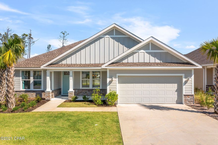 CURRENTLY UNDER CONTRACT, SELLER ACCEPTING BACKUP OFFERS. Completed in 2020, this Southern Coastal Homes residence in Breakfast Point is now available for its second owner. The Kittiwake floor plan is popular for its open and functional layout that affords no wasted space and a wonderful flow throughout the home. The generous sized great room anchors the home and gives the large covered rear and front patios competition when trying to determine where you want to relax and unwind. 

Let's talk kitchen and Owner's suite. The spacious Owner's suite and bath is privately placed in this split floor plan and offers double vanities, a large walk-in closet, and an oversized and inviting tile shower. The kitchen is made up of many ideals: a large center island, gas cooktop and separate oven, custom cabinetry with soft closing drawers, and stainless steel appliances. You will find sparkling quartz countertops in the kitchen as well as in the bathrooms and laundry. 
The property overlooks a glistening pond and neighboring conservation with stunning sunset views from the front patio. It is also approximately 0.2 miles from Breakfast Point Academy, an A-rated K-8th grade school that is highly desirable for youth education. 
And if you are unfamiliar with the Breakfast Point neighborhood, you can expect a lively and vibrant community that is less than three miles from the beach, offers three community parks, walking and biking trails, exudes a very festive spirit for holidays, is golf cart and pedestrian friendly, and is near a Publix, home improvement stores, and many quick, casual, and upscale dining options.
We look forward to seeing you at home.