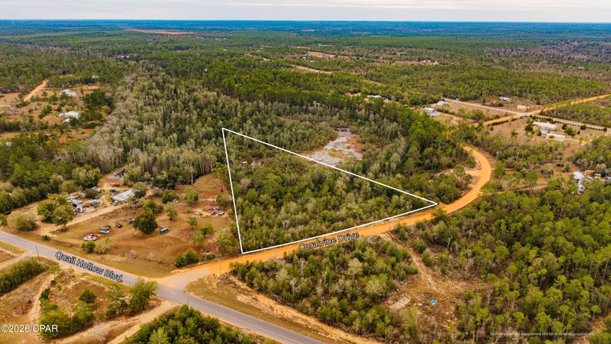 This 4.1± acre pie‑shaped parcel on Coralvine Drive in Chipley features a wooded landscape with a gentle slope toward the back of the property and a small creek running along the rear boundary. The land offers road access, natural drainage, and a mix of high and low ground suitable for a variety of uses. With no known utility connections in place, it is well‑suited for an off‑grid setup, homestead, or recreational use. Boundary lines are approximate and for illustrative purposes only.