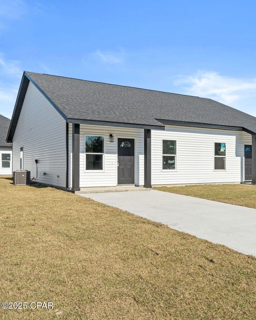 🔥 PRICE REPOSITIONED - EXCEPTIONAL OPPORTUNITY 🔥

Recently repositioned to a highly competitive price, this brand-new 3BR/2BA home offers exceptional value for both investors and first-time homebuyers.

Price reflects one unit (half duplex).

Whether for a primary residence or rental investment, this property delivers new construction quality at a price point rarely seen in today's market.

Built with 2x6 exterior walls, 9-ft ceilings, and double-insulated 8-inch dividing walls for superior durability, efficiency, and sound control.

Features include waterproof 12-mil LVP flooring, plywood cabinetry, quartz countertops, and modern fixtures.

Fully sodded lot with concrete driveway (2 vehicles).

Located near Tyndall AFB, schools, shopping, and beaches--ideal for both living and rental demand.

Opportunities at this price point in new construction are extremely limited.

Builder willing to consider incentives for multiple unit purchases.

Easy to show.