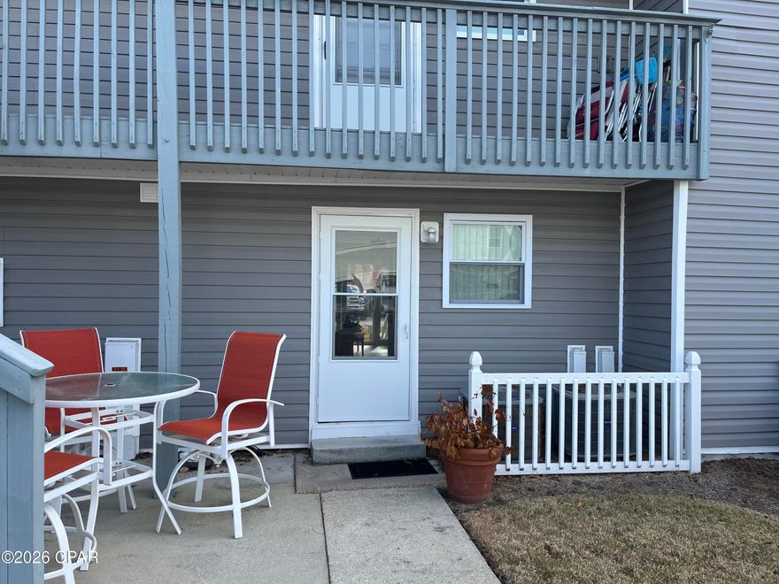 Panama City Beach Gem and Get Away!  It's a quiet cozy, quaint 1BR/1BA that is furnished  Country Coastal Casual that you will fall in love with!  Both entrances have amazing porches with both chairs and table.  The pool is beautiful tile and granite with a privacy fence.  This gem has a dedicated, private beach access!  Cannot ask for more than that!  Walking distance from a outdoor eatery.  All dimensions are approx.
Sleeps at least 4.  Laundry room on site, as well as outdoor storage. 2 Parking spaces provided and grills as well.
Short term rentals allowed.