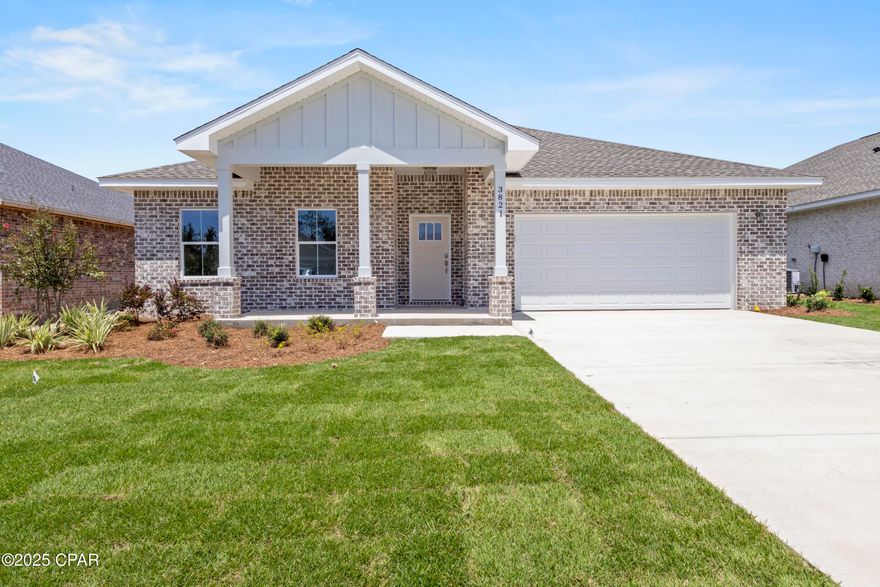 HOME IS PRICED WITH INCENTIVE INCLUDED FOR LIMITED TIME! *Special incentives for 5.99% interest rate and additional $3,000 towards closing costs with preferred lender OR flat 11k in closing costs* Welcome to Game Farm! A peaceful, secluded community you'll be proud to call home. Nestled in a central location in Panama City, this charming neighborhood has been thoughtfully crafted by local homebuilder Southern Coastal Homes. From the moment you arrive, a beautifully landscaped grand entrance and scenic bridge welcome you into an inviting environment. This community features wide homesites, three-sided brick homes, preserved natural areas, tranquil ponds, three future parks, and a walking path for residents to enjoy. Inside this home, you'll find a wide range of high-quality upgrades including a tankless gas water heater, 9-foot ceilings, recessed lighting, painted Hardie-board siding on the front exterior, a gas kitchen range, a gas line ready for an outdoor grill, and a fully sodded yard with a sprinkler system. Tray ceilings enhance the living room and master bedroom, while the master bath includes double vanities, walk-in shower with glass door, a large walk-in closet, and convenient access to the laundry room. Additional features include a utility sink in the garage and a practical drop zone as you enter from the garage. This home is filled with beautiful finishes and thoughtful touches offering comfort, style, and everyday functionality. This home is MOVE-IN READY! Buyer to verify any information deemed important.