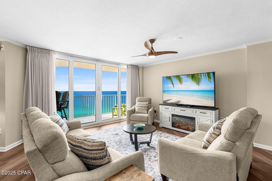 Welcome to your gulf-front condo.  Beach life looks good on you!  This beautifully renovated 2BR/2B condo offers breathtaking sunset views from your private balcony overlooking the emerald waters of Panama City Beach.  Recent upgrades include fresh paint, new LVP flooring and stylish indoor/outdoor furnishings.   The split-bedroom layout offers privacy, and there's lots of storage space.  Enjoy resort-style amenities with three sparkling pools, tennis and pickleball courts, basketball, shuffleboaard, fitness center, tiki bar, and on-site dining at Stingray's.  Perfect as a vacation home, investment, or full-time residence.   Paradise awaits!