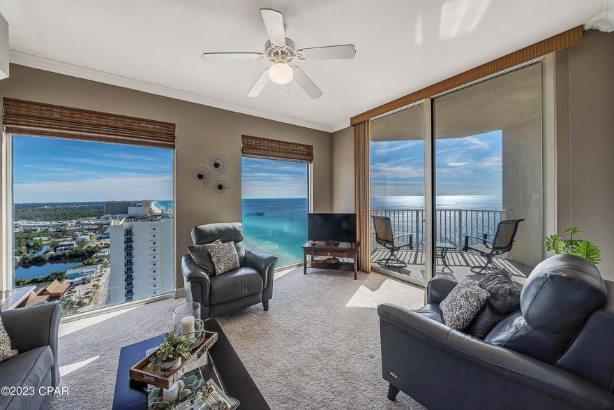LOOK AT THIS VIEW!!! This penthouse level condo is one of the desirable ''N'' plans and has one of the best views in all of Panama City Beach!  Major selling feature is this condo will include one of the LARGE STORAGE UNITS and right on your same floor.  Huge added value!  This 1 bedroom, 1 bath with bunks features higher ceilings with floor to ceiling windows that will take your breath away, with a spacious corner balcony showcasing the most amazing views all the way down the beach.  Perfect to take in the scenic and gorgeous crystal blue waters and white sandy beaches, as well as the ideal spot to watch the fireworks. (Best seats to be had for 4th of July and New Years Eve!)  This unit comes with one of the large storage units right on your same floor.  Tidewater has incredible amenities including 2 outdoor pools, whirlpool, heated indoor pool, movie theatre, game room, fitness center, private owner room on top floor with flat screen TVS, a 5000 s.f. convention center on site, covered parking with covered walkover, and much more! Call today to make this your new penthouse at the beach!