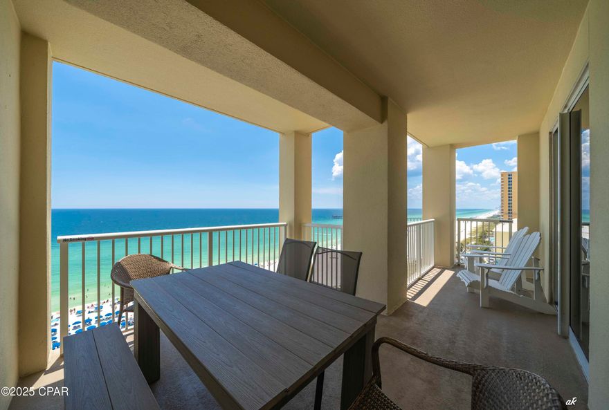 Price Improvement !
Experience the ultimate in coastal living with this gulf-front condominium at Grand Panama Beach Resort, situated in the heart of Panama City Beach, Florida. This three-bedroom, two-bath residence offers panoramic views from every room and features an expansive balcony overlooking tranquil green waters—perfect for enjoying both sunrise and sunset. The open-plan kitchen is equipped with stainless steel appliances and granite countertops, seamlessly connecting to the living area for optimal entertaining.
The spacious primary suite boasts direct access to the Gulf-front balcony, an ensuite bathroom with dual vanities, a walk-in shower, and a soaking tub. The second bedroom also enjoys Gulf views and connects to a renovated guest bathroom featuring a large walk-in shower. Recent upgrades include a remodeled guest bathroom with new cabinetry, updated refrigerator and dishwasher, enhanced lighting, and a newer HVAC system.
Additional amenities include a dedicated storage closet rented for 2025, conveniently located just outside the unit for beach equipment. This property is offered fully furnished and is rental ready.
Grand Panama Beach Resort, one of the most sought-after resorts in Panama City Beach, offers 24-hour security services, two resort-style pools (one heated), a beachside tiki bar, a large fitness center, an onsite general store, a bistro restaurant, an owner's library, barbecue grills, and a level-5 walkway connecting Tower 2 to Tower 1. This meticulously maintained and updated condominium presents a unique opportunity to acquire your personal piece of paradise. Please schedule your private viewing today. While all information is deemed accurate, buyers should verify details that are of importance.