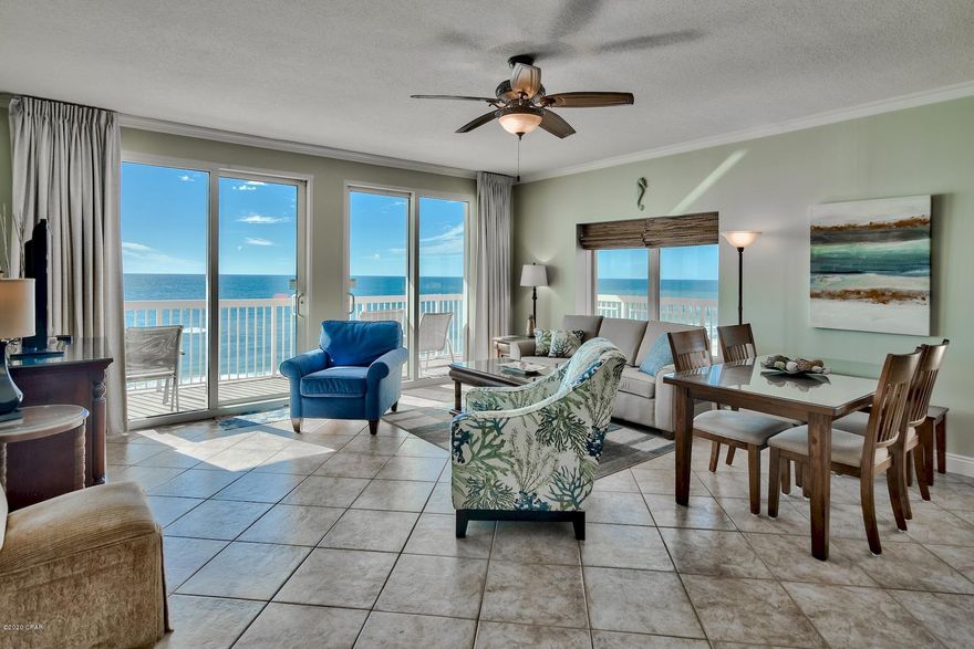 Turn key fully furnished 7th floor west facing corner unit with wrap around balcony in Calypso Resort is very well maintained and recently painted with all new window treatments. Pride of ownership shows in this spacious open living and kitchen concept with large island  and breakfast bar with adjacent gulf side master suite, all overlooking outstanding views of the emerald waters and white sandy beaches. You're just a short walk to Pier Park, a popular shopping, dining and entertainment area. Bring along your fishing gear or rent it as you're just steps away from the local pier and fabulous fishing, located on the west-side of the resort. World class amenities include a fitness center with two Gulf front lagoon po with direct Gulf access and beach service available. A great investment opportunity or 2nd home with excellent rental potential awaits you here at Lucky 7. Call today for a viewing. Buyer to verify all data and dimensions.