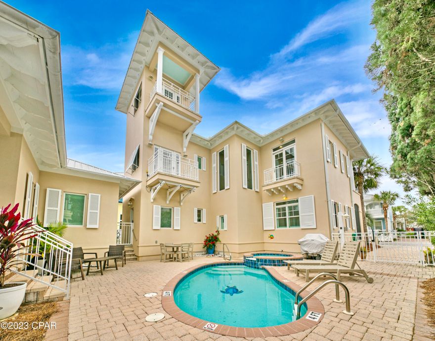 This is IT -- the beach house of your dreams, just STEPS to the sand! One house away and across the street from the direct beach access. A 4/3.5 Carillon Beach beach house with private pool/hot tub and guest house.  If you want Carillon Beach at a reasonable price, this is your chance.  This home is also under management as a vacation rental with 2022 gross nightly revenue of $134,980 and booking revenue for 2023 thus far of $127,120.  This gem has been lovingly cared for and recently painted/upgraded.  The home is being sold as-is, fully furnished.  Carillon boasts 3900 linear ft. of pristine, just re-nourished, never-crowded sugary sand beach.  
Carillon Beach is a private, exclusive, gated community offering 3 community pools (two heated year-round, tennis court, pickle ball courts, children's play area, full court basketball area, meeting house and select shops and dining opportunities.