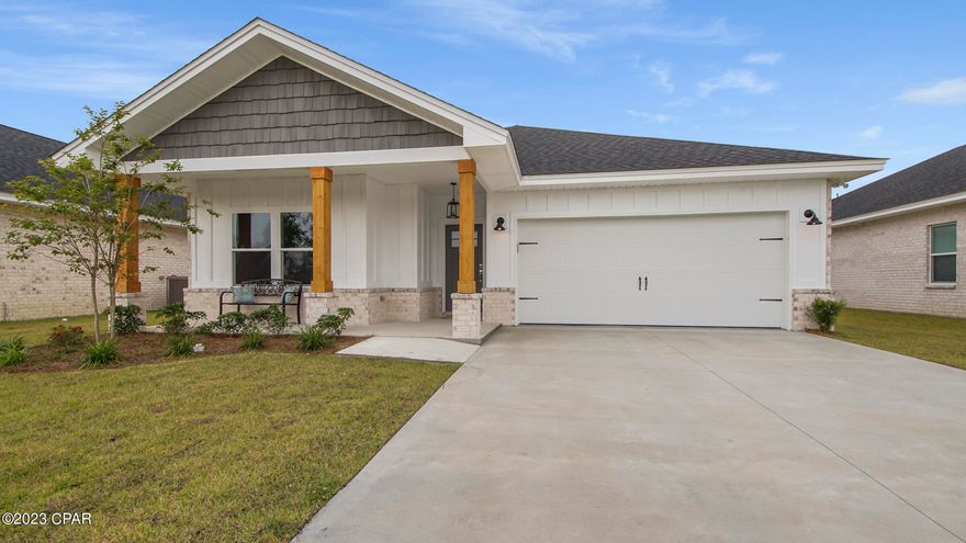 Under contingent contract - seller will consider back up offers. New construction home conveniently located off Hwy 231 in this 18 home new subdivision., Outlaws Way. 3 spacious bedrooms and 2 full bathrooms. Fully landscaped yard with an irrigation system and privacy fence with gates on both sides of the home. The brick exterior with board and batten hardy board front is an eye catcher. Split floorplan provides privacy for the primary suite. Custom features are found throughout the home with upgrades of 9 ft ceilings, large island in the kitchen with solid wood cabinetry, quartz countertops, backsplash and full stainless steel appliance package. Crown molding in great room, dining room, and kitchen. Great Room features tray ceiling. The primary suite features a double vanity, large garden tub, separate custom cultured marble shower with sliding glass doors and a large walk-in closet. Vinyl plank waterproof flooring throughout. LED recessed lighting and upgraded fixtures. All information contained herein is believed to be accurate and true however the buyer assumes complete responsibility to verify all information.