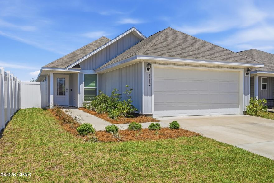 Welcome to this 3 bedroom, 2 bathroom home built in 2024, featuring the Celeste floorpan in the highly sought after Liberty community. This home offers LVP flooring throughout, a 2 car garage, and a fully fenced backyard for added privacy and only woods beyond your back fence. The kitchen includes an island with bar seating, perfect for everyday living and entertaining. Secondary bedrooms are spacious and thoughtfully separated by a hallway and full bathroom. The primary suite features a double vanity, soaking tub, and separate shower.

Located in Liberty, a walkable, thoughtfully designed community with underground utilities, helping reduce the risk of storm-related outages. Residents enjoy exclusive access to two amenity centers, including a 7,500 sq ft community center, two pools, playgrounds, splash pads, a fitness center, pickleball courts, a basketball court, and an outdoor grilling kitchen.

Conveniently located approximately 25 minutes to Tyndall Air Force Base, 20 minutes to nearby hospitals, and less than 15 minutes to restaurants, grocery stores, and shopping.