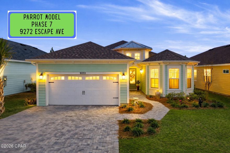 PARROT Floor Plan —Priced to sell, this Parrot model offers exceptional value in Latitude Margaritaville Watersound. One of the best-priced Parrot homes currently available, this is a rare opportunity to secure a move-in ready home in a highly desirable location.
Located in the desirable Phase 7 of Latitude Margaritaville Watersound. Positioned on a peaceful preserve lot, this home offers a tranquil natural backdrop and relaxing views of the evening sky. Meticulously maintained and lightly lived in, it feels just like new and features a combination of upgraded construction selections and additional post-construction enhancements that add comfort and value.

Inside, the home offers a comfortable, well-designed layout that flows into the expansive south-facing screened-in lanai—a wonderful extension of the living space that provides enhanced privacy compared to many other single-family homes thanks to its preserve setting. This outdoor area is perfect for enjoying morning coffee, unwinding in the evenings, or simply taking in the Florida breezes. Some furnishings are negotiable, making it even easier to begin enjoying the home right away.

Living here means full access to the Latitude lifestyle, with Town Square approximately 10 minutes away by golf cart. Enjoy:
• Barkaritaville Dog Park
• Fins Up! Fitness Center
• Tennis & Pickleball Courts
• Multi-Purpose Court & Bocce Ball
• Workin' N' Playin' Center
• Paradise Pool overlooking the Intracoastal Waterway
• Town Square Amphitheater & Bandshell
• Latitude Bar & Chill Restaurant
• Port of Indecision Kayak Launch
• Lawn games, shaded seating areas & walking trails

You're also close to everything happening along the West Bay corridor, including:
• Approximately 10 minutes by golf cart to the future Watersound West Bay Commercial Center by The St. Joe Company.
• Approximately 10 minutes to Northwest Florida Beaches International Airport.
• Approximately 10 miles from the white-sand beaches of the Gulf of America.
• Nearby Tallahassee Memorial Healthcare Primary Care campus for added convenience.

Skip the construction wait and step directly into a move-in-ready home where upgrades, privacy, and lifestyle come together. This Phase 7 location makes it easy to enjoy the best of Latitude Margaritaville Watersound from day one.