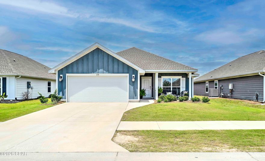 Welcome to Park Place! A newer construction community built by the reputable Truland Homes, this beautifully designed ranch-style home offers the perfect blend of comfort, convenience, and coastal charm. Step inside to an open and airy living space that flows effortlessly into a chef's dream kitchen, featuring quartz countertops, stainless steel appliances, a spacious island, gas stove, and a huge pantry to keep everything organized. The bedrooms provide a peaceful retreat, filled with natural light, while the primary suite steals the show with elegant tray ceilings, a spa-inspired ensuite, and a walk-in closet. Guests will appreciate the convenience of a Jack and Jill bathroom, ensuring both privacy and functionality. Outside, the fenced-in backyard offers a private space for relaxation, while the community's scenic sidewalks provide the perfect setting for a morning walk or an evening stroll. Located just minutes from Tyndall Airforce base, beautiful beaches, shopping, dining, and entertainment, this neighborhood also sits within walking distance of Callaway Sports Park, adding to its appeal. Whether you're seeking a peaceful retreat or easy access to everything Panama City has to offer, this single-level home is a perfect match. Don't miss out--schedule your showing today!