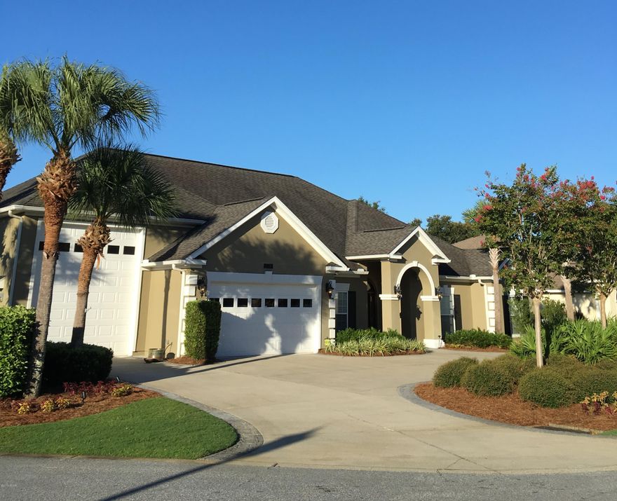 A magnificent golf course home with detail and craftsmanship.  This pristine 3 bedroom 2.5 bath oasis offers 2 offices/extra bedrooms with closets, master suite with two walk in closets, double sinks, dressing area, separate shower, whirlpool tub. This home features two guest bedrooms which share a bath separated from the master area by a large laundry area with convenient washing tub.  Also offering separate dining room, large living room with built in cabinetry and gas fireplace, BEAUTIFUL PECAN HARDWOOD  FLOORING, plantation shutters throughout, gourmet kitchen with center island, Viking cooktop, two car garage with RV garage to accommodate a 45 ft. motor home and a swimming POOL surrounded by privacy fence located on one of Bay Point's lovely ponds. Age, SF lot and room sizes approx. Please verify if important.